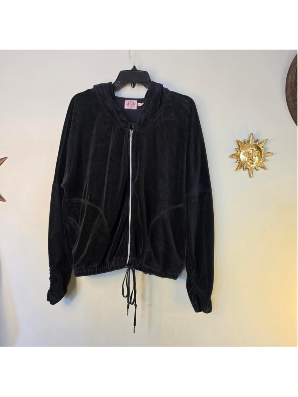 2009 Juicy Couture black velour zip up hoodie with drawstring on bottom hem